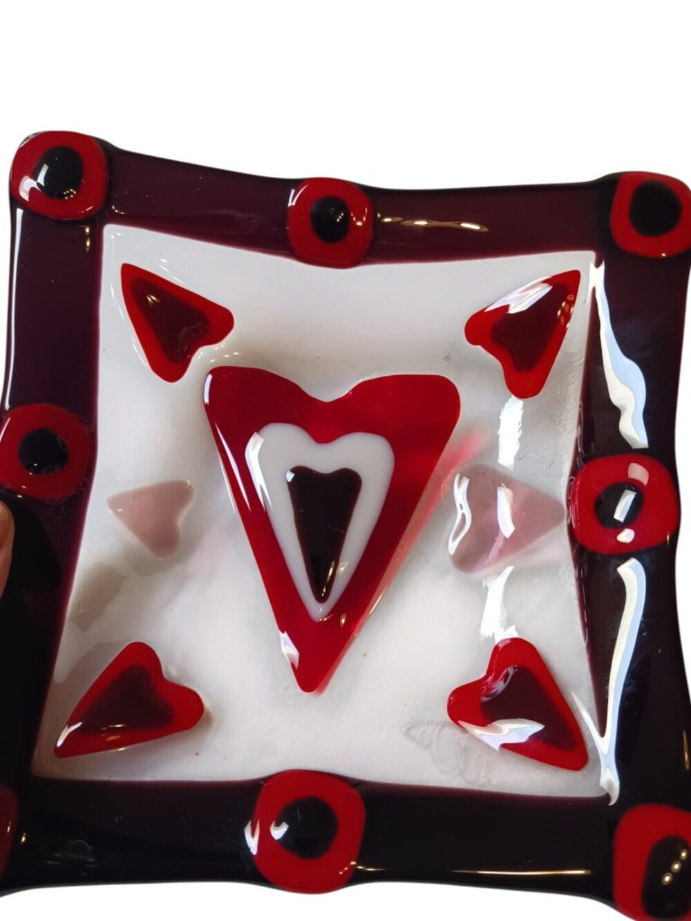 2008 Signed "J. Mule" BC Fused Glass Heart Dish 8" Canadian Folk Art - Picture 8 of 11